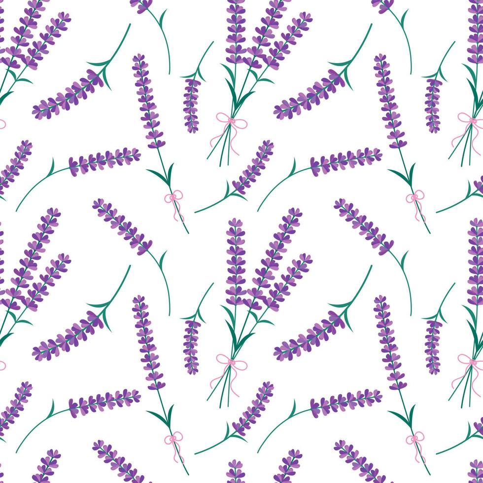 Lavender flowers seamless pattern. Vector endless white background with purple Lavender blossom. Spring design with floral elements