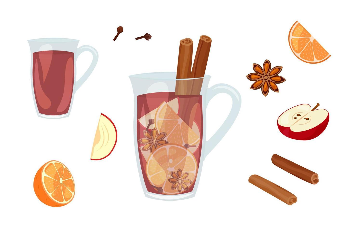 Mulled wine ingredients set. Isolated food cinnamon, anise, orange, cloves, red wine and apple. Glass mug with hot winter beverage. Vector illustration on white background