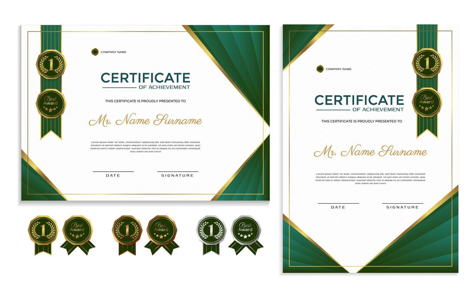 diseño premium de plantilla de reconocimiento de certificado de oro verde vector