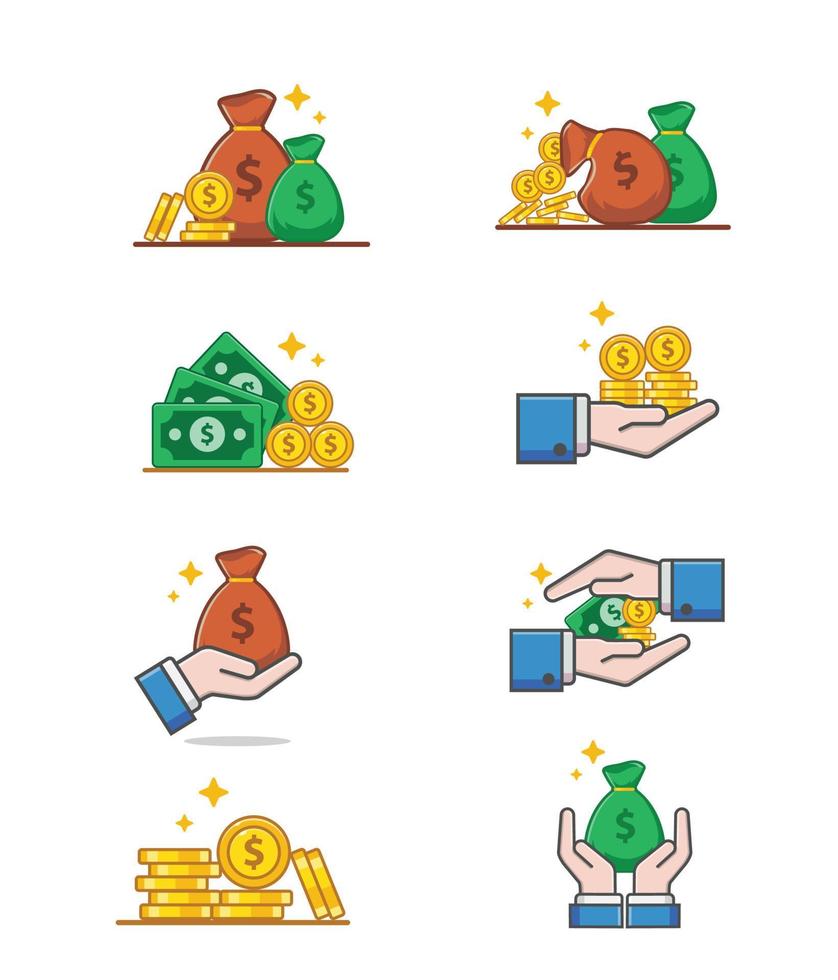 collection of Green Dollars, Coin and hand Icon vector