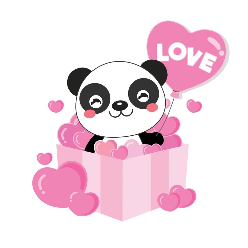 lindo panda sosteniendo un globo rosa y sentado en la caja de regalo. vector