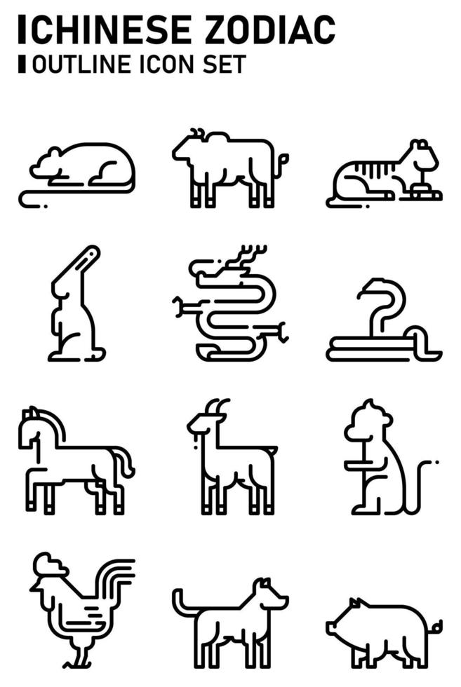 Chinese zodiac outline icon set. vector