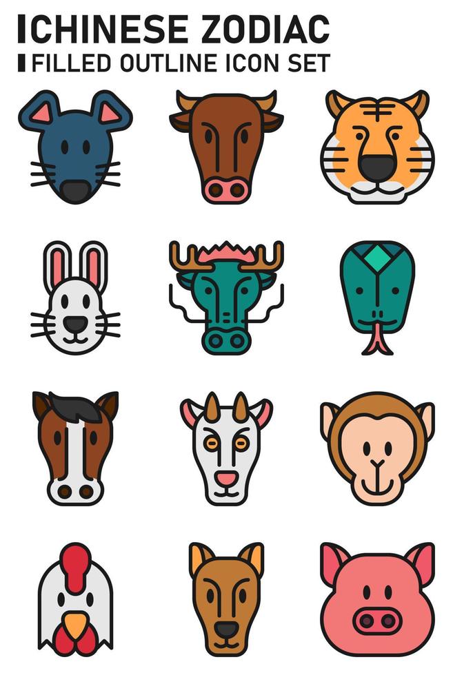 Chinese zodiac filled outline icon set. vector