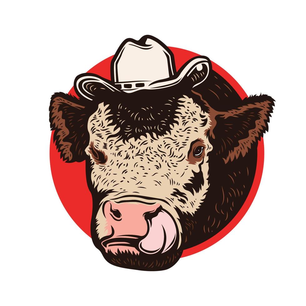 Vaca con sombrero de vaquero sacando la lengua ilustración vectorial vector
