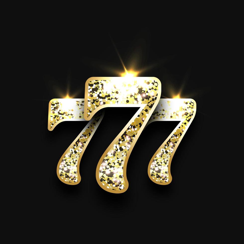 Three golden glittering sevens with reflection on black background. Luxury casino banner Big win slots 777 . Vector illustration