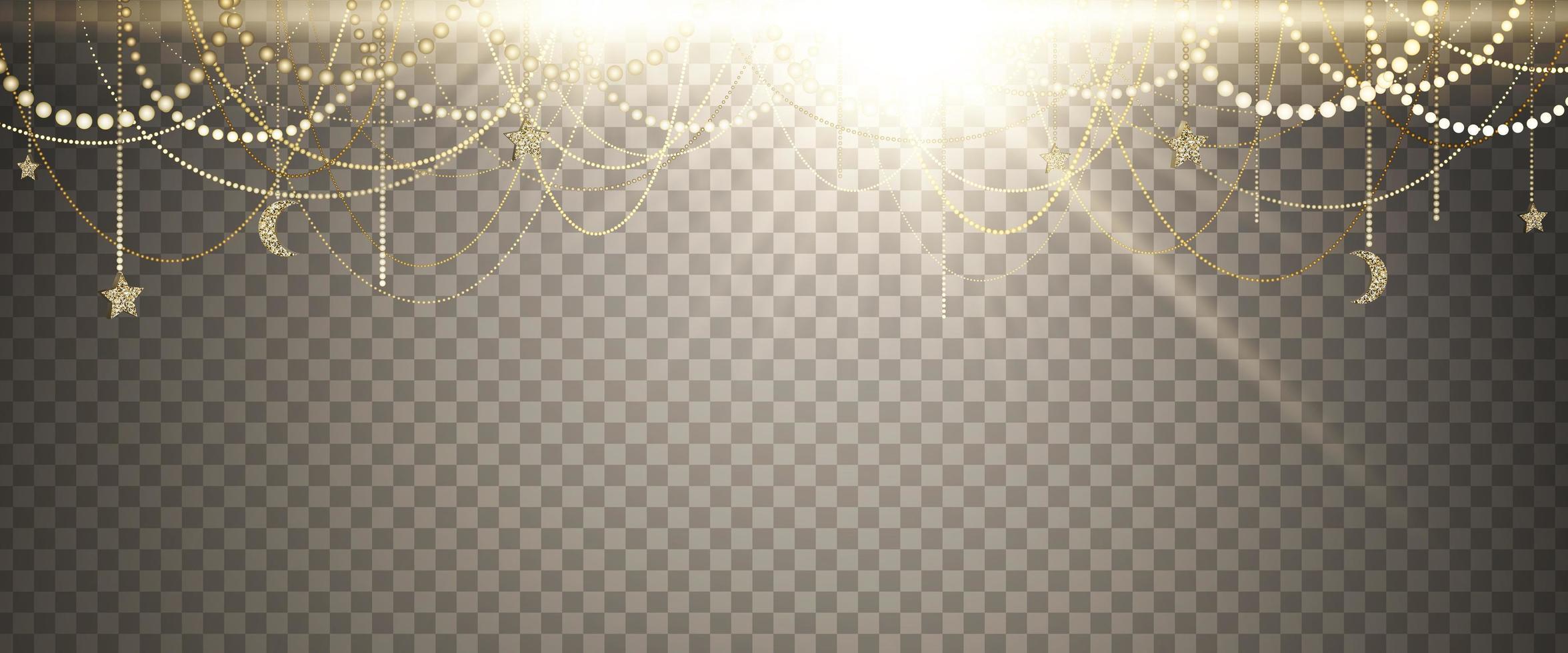 Abstract background with many golden garlands and a big bright flash of light. vector
