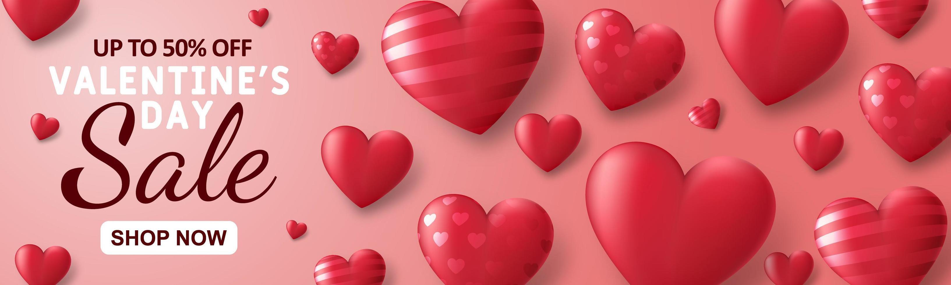 Special offer Valentine's day sale banner with red 3d hearts and advertising discount text decoration. Vector illustration.