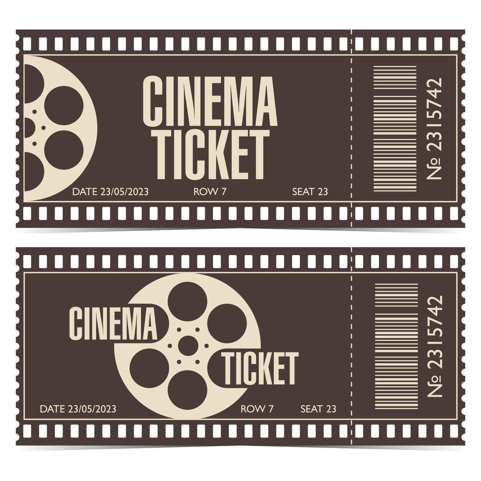 Cinema ticket with barcode in the form of film strip. Editable movie session entrance coupon template with film reel in brown and beige colours. Vector illustration in flat style.