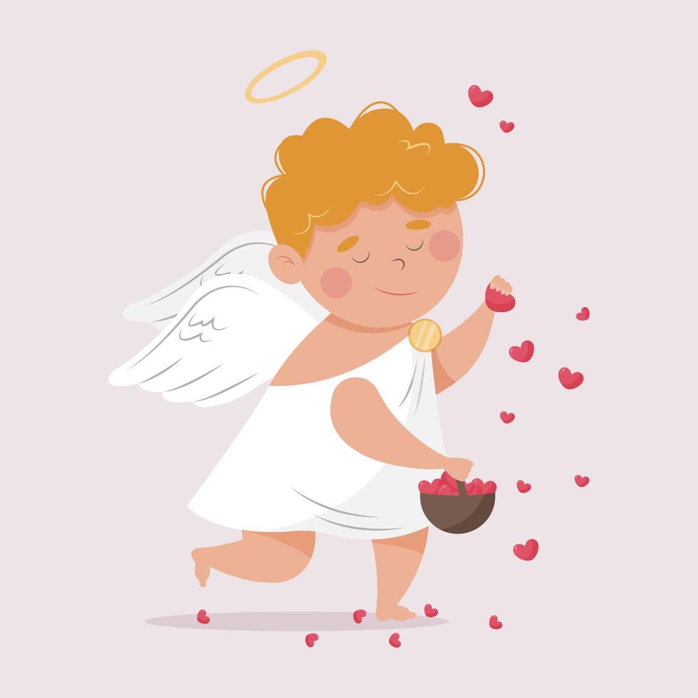 Romantic Cupid with closed eyes spreading red hearts from a basket. Vector illustration in flat style for the Feast of Saint Valentine on the 14th of February.