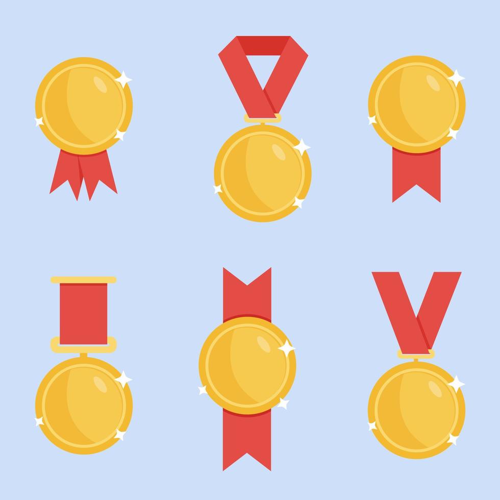 Gold medals with red ribbon set. Sport, competition, certified product award or quality mark, excellence label, high-grade award. Vector illustration in flat style.