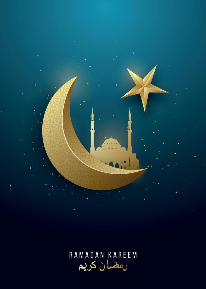 ramadán kareem. Luna creciente de oro 3d, estrella y mezquita sobre fondo verde degradado. vector