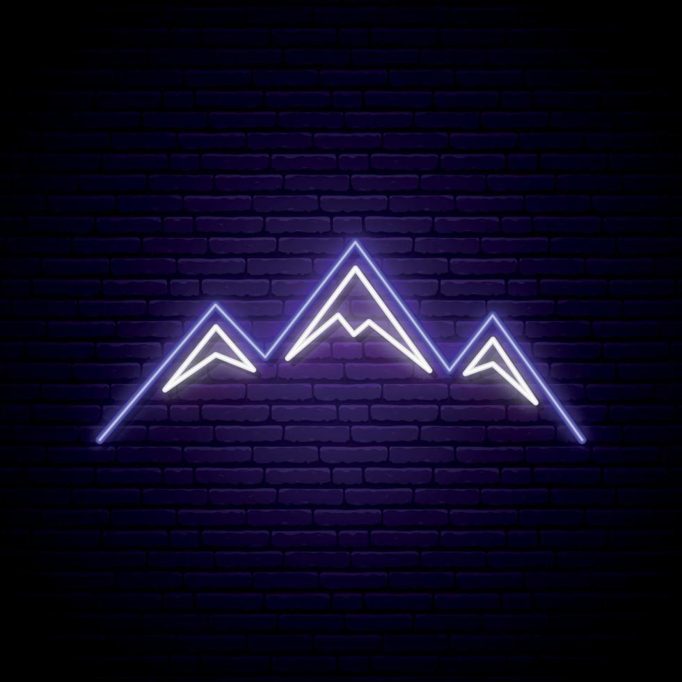 Mountains neon sign. Shiny mountain tops silhouette on dark brick wall