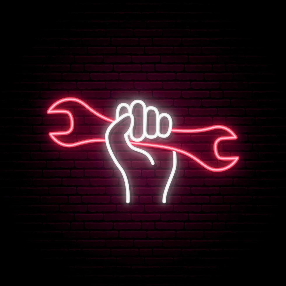 Hand holding wrench neon sign. 1st may, Labor Day neon signboard. vector