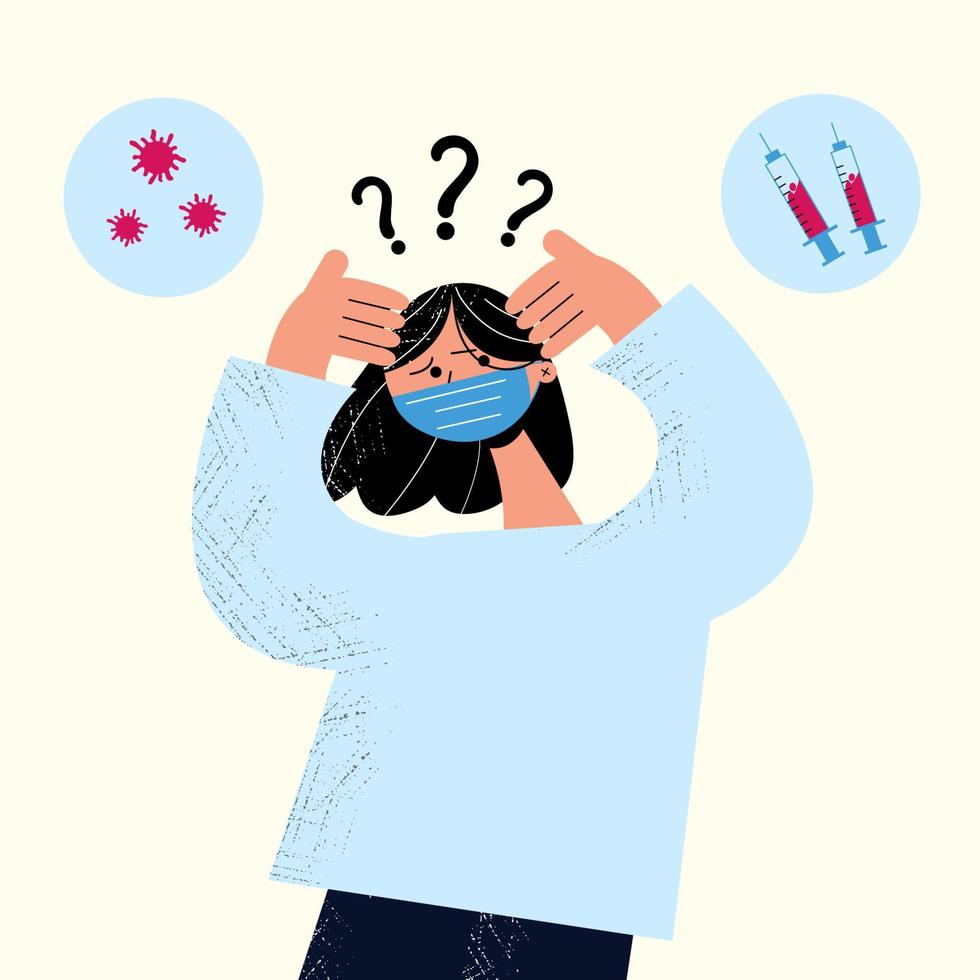 The girl thinks about whether to vaccinate her or not vector