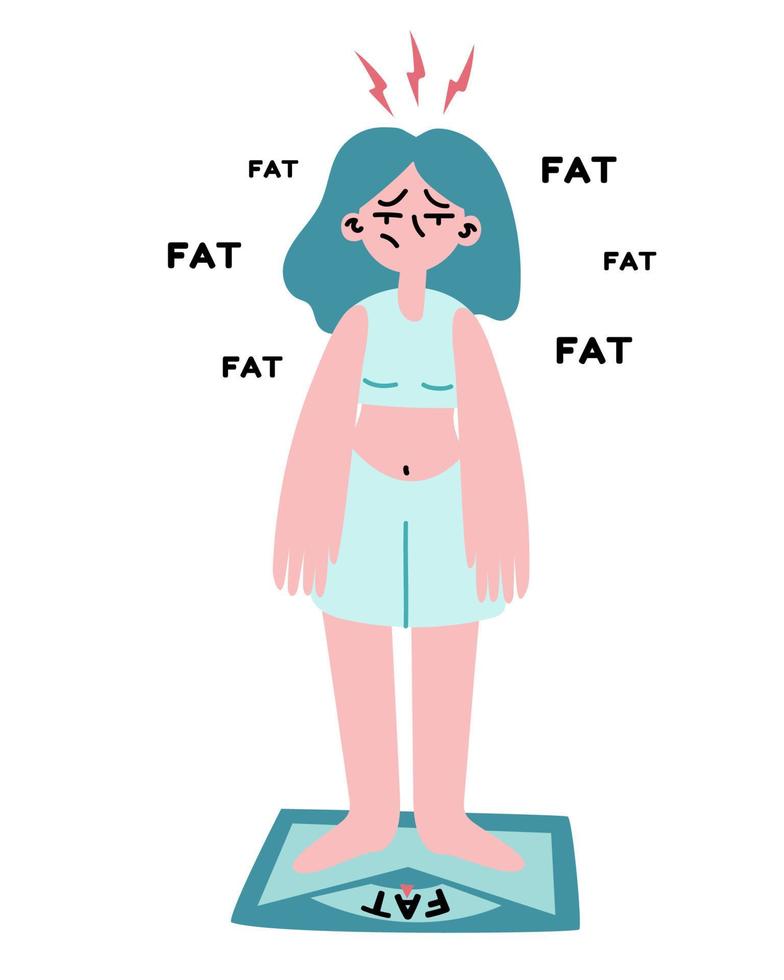The girl stands on the scales and suffers from anorexia vector