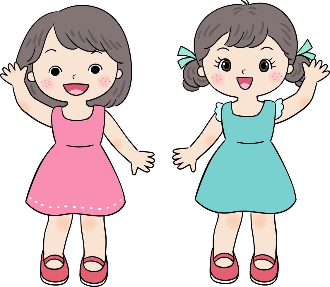 Two little girls waving vector