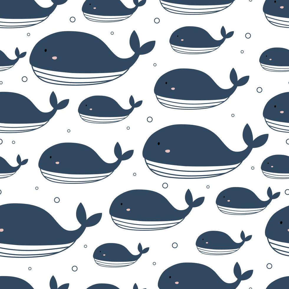 Nursery seamless pattern blue whale hand drawn design in cartoon style Use for textiles, prints, wallpapers, vector illustrations