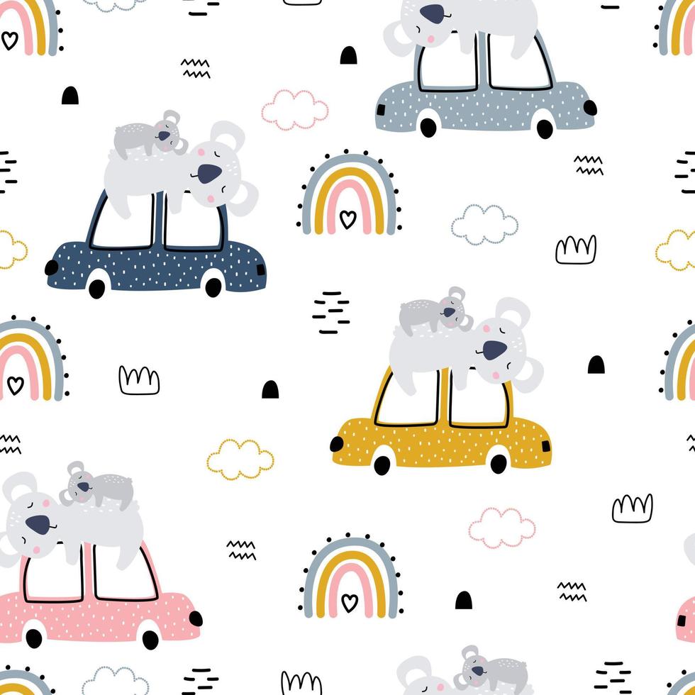 Nursery seamless pattern car with koala Cute textures for baby bedding, fabrics, wallpaper, wrapping paper, textiles, t-shirt printing vector