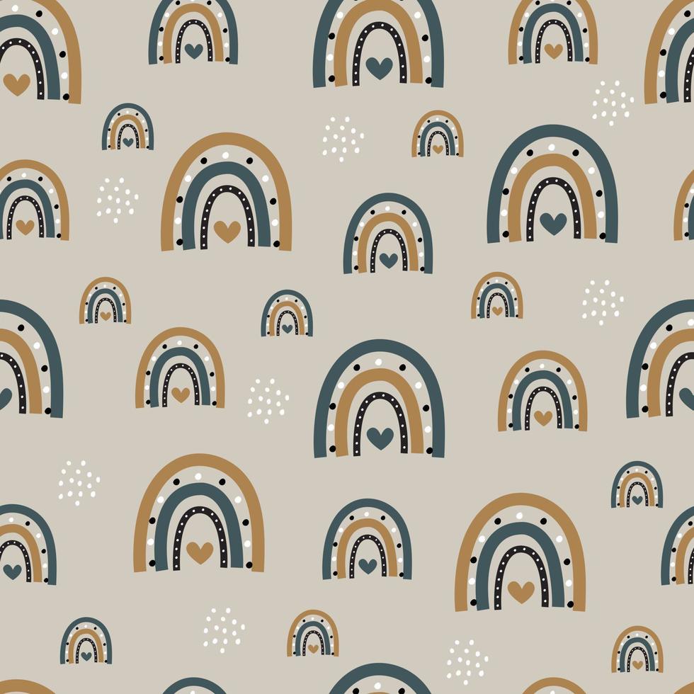 Rainbow seamless baby pattern on brown background hand drawn in cartoon style Used for prints, decorative wallpaper, baby clothing patterns, textiles. Vector illustration