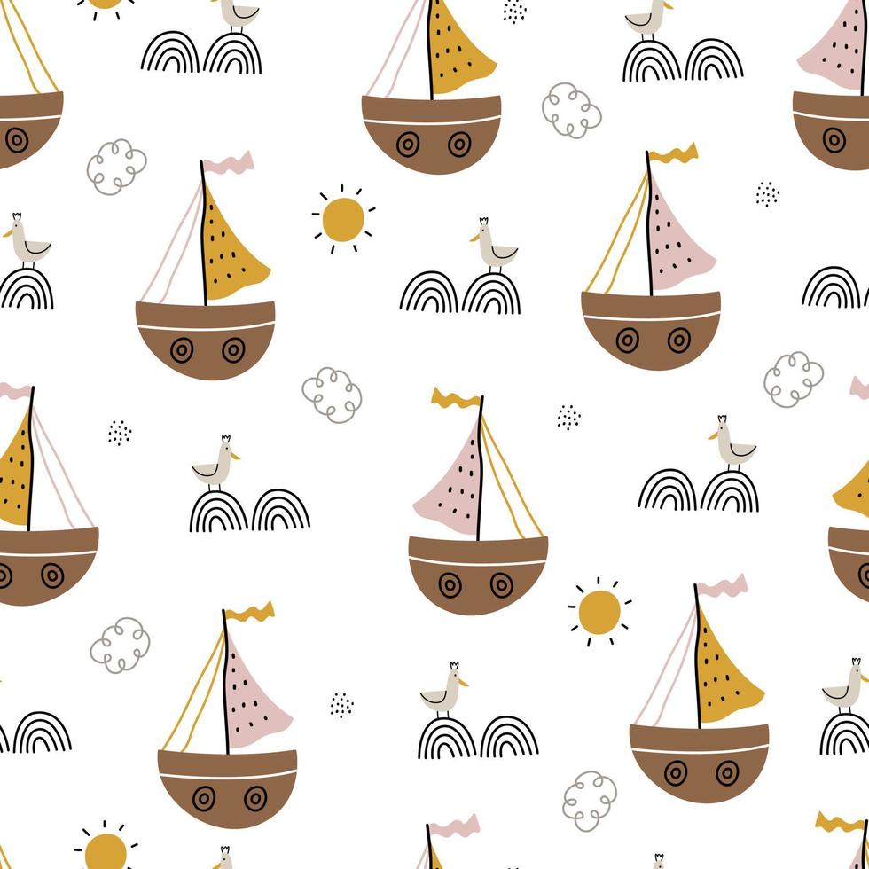 seamless pattern sailboat and rainbow for typography, backgrounds, wallpaper, baby clothes, textiles Vector Illustration