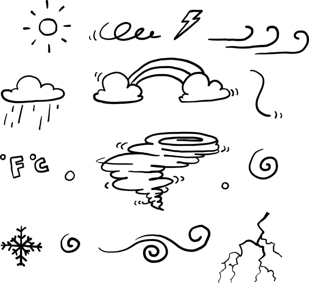 hand drawn doodle weather collection symbol set with line art cartoon style vector