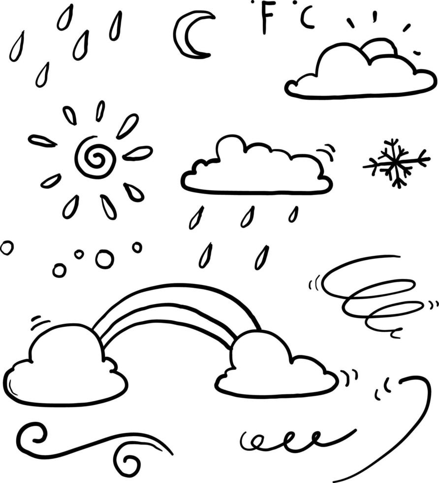 hand drawn doodle weather collection symbol set with line art cartoon style vector