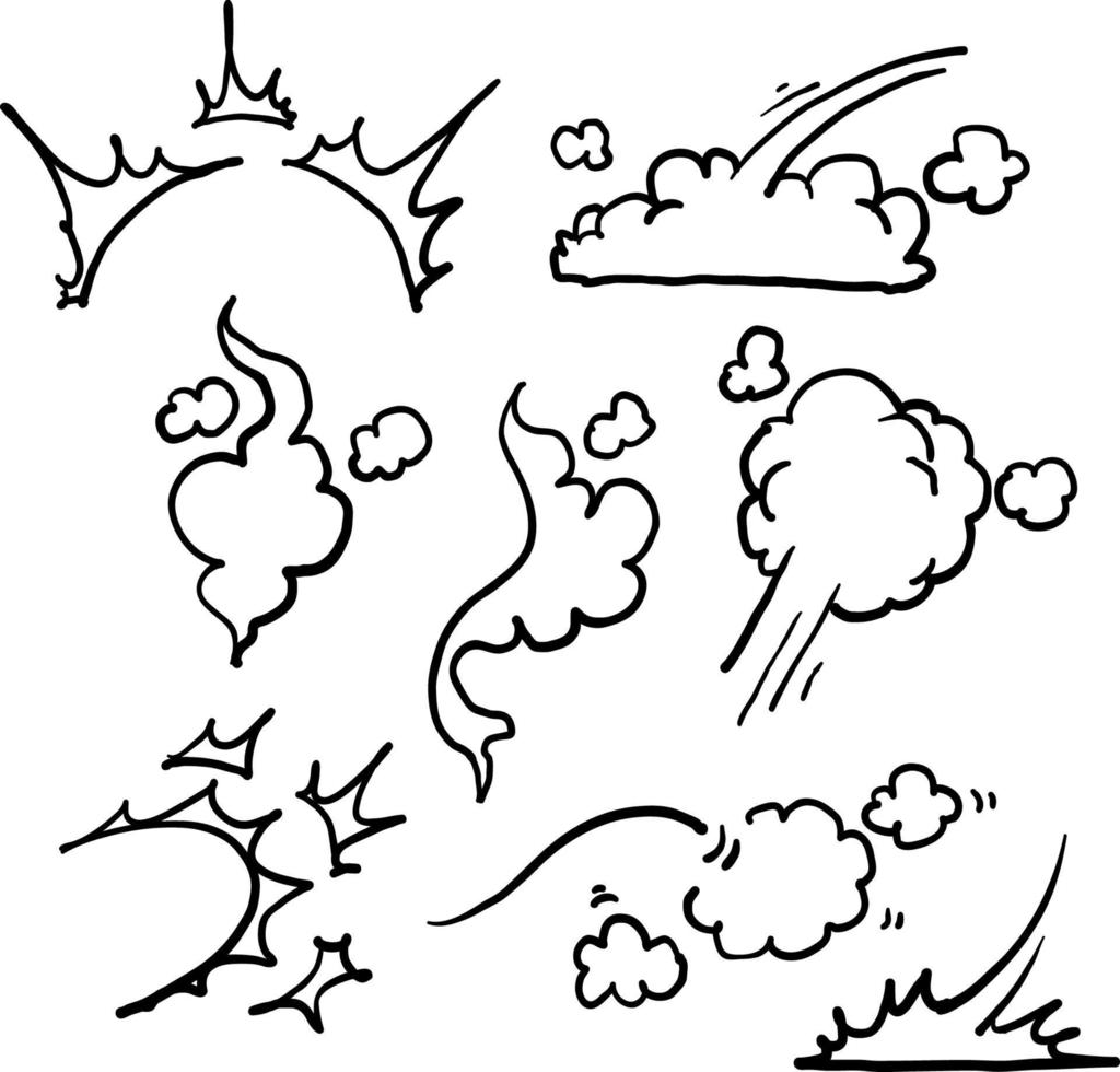 hand drawn Comic smoke. Smoke puffs vfx, energy explosion effect and cartoon blast vector illustration set doodle