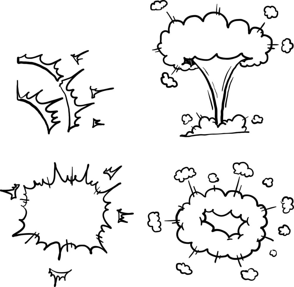 explosión de bomba de dibujos animados dibujados a mano. explosiones de dinamita, peligro de detonación de bombas explosivas y cómics de nubes de bombas atómicas. bomba dinamita detonadores estilo doodle vector
