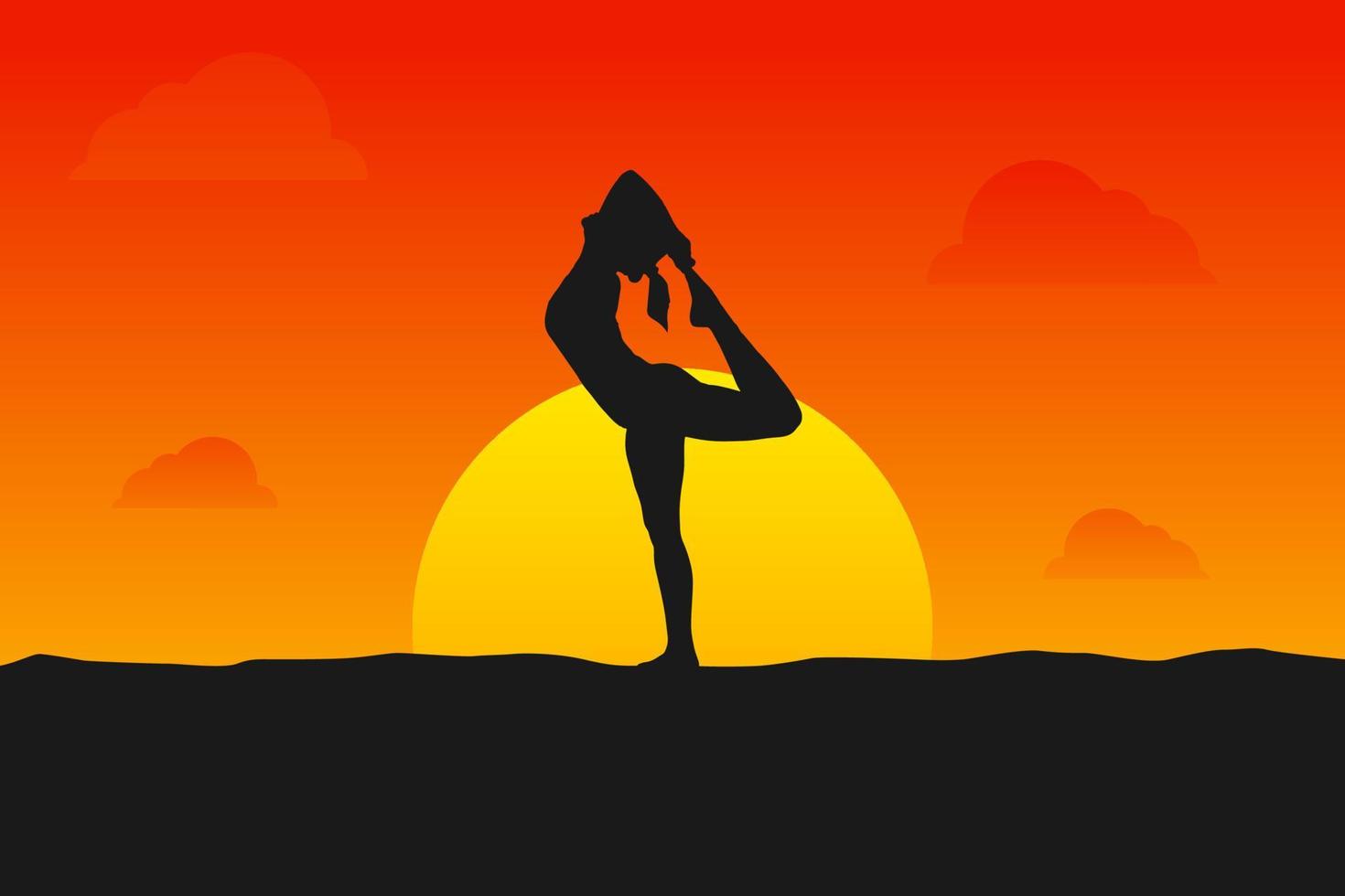 gráfico vectorial ilustrativo de la silueta de yoga al atardecer. perfecto para usar como fondo de pantalla de estudio de yoga vector