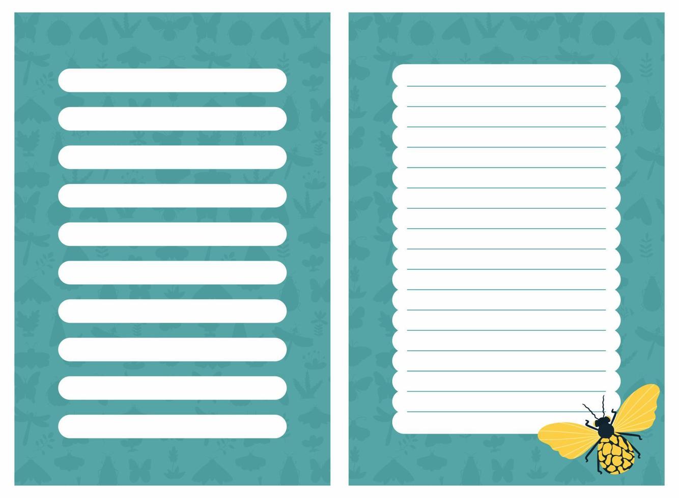 Weekly or daily planner, note paper, to-do list, sticker templates decorated with yellow beetle. Flat vector