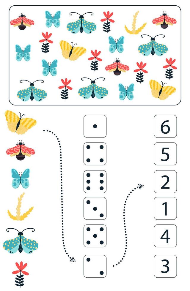 Math educational game for kids. Math worksheet for children with colorful insects, butterflies, beetles, flowers. Vector, cartoon style. vector