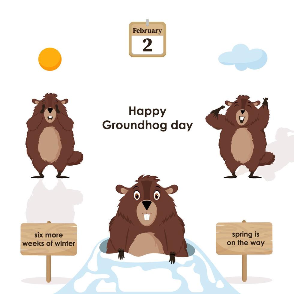 Happy Groundhog Day. Diagram with illustrations of cute and funny Groundhogs. Vector illustration.