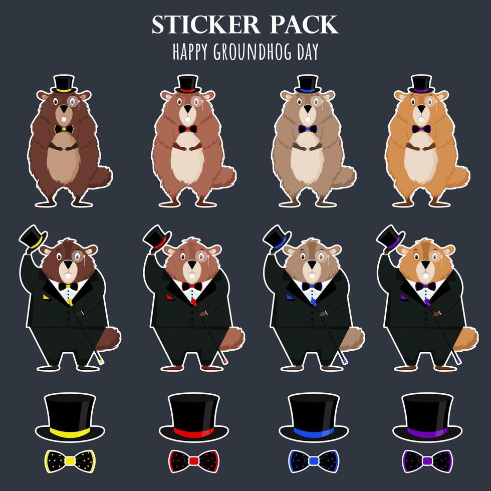 Happy Groundhog Day. A set of funny groundhog stickers of different colors. Vector illustration.