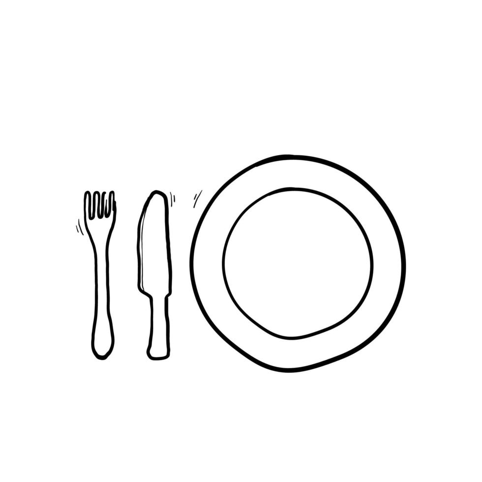 plato y cuchillo dibujados a mano con un garabato de icono de tenedor vector