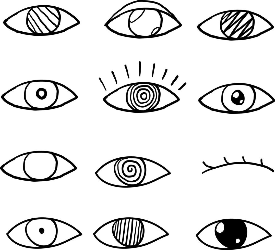 iconos de ojos de contorno dibujados a mano. imágenes de ojos abiertos y cerrados, formas de ojos durmientes con pestañas, supervisión de vectores y garabatos de signos de búsqueda