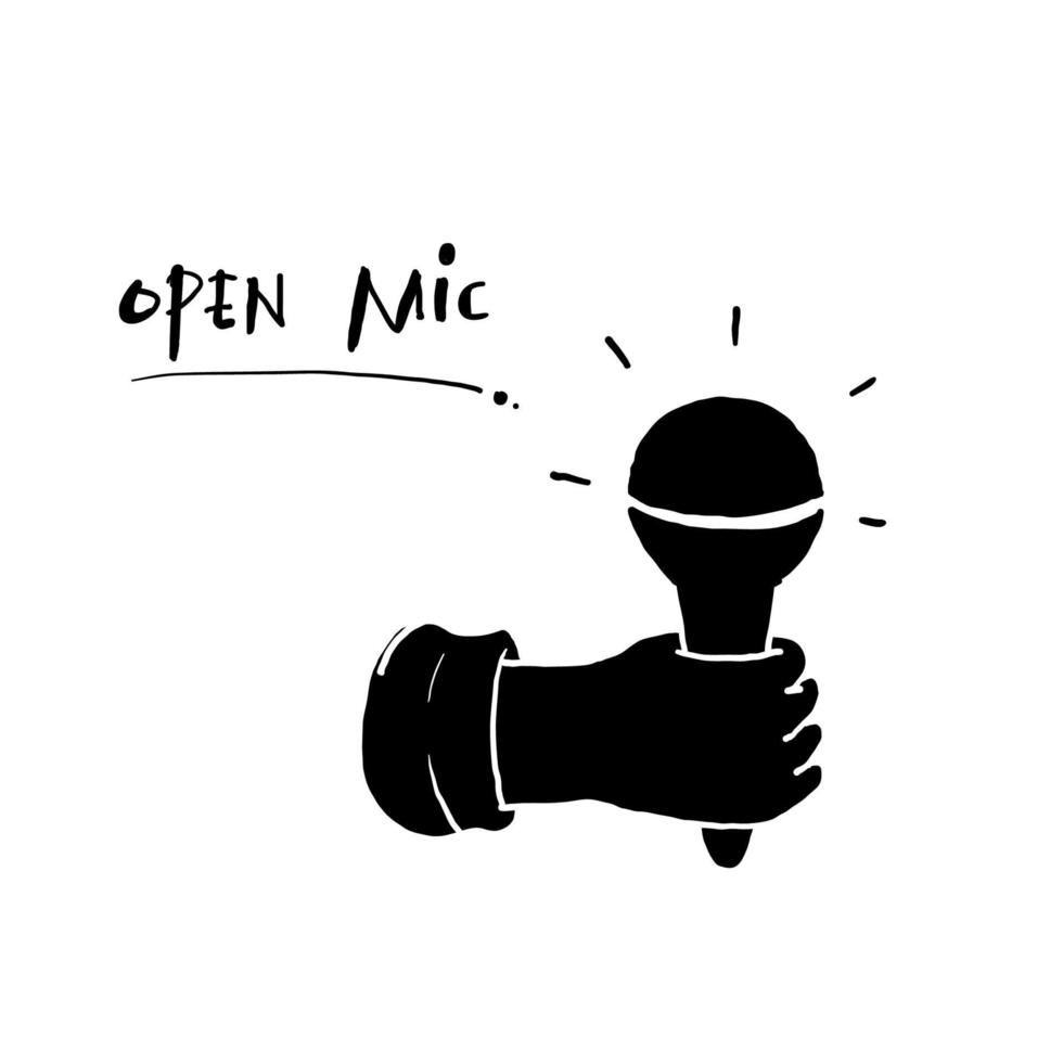 hand drawn Open Microphone event party session doodle. Vintage styled vector illustration.