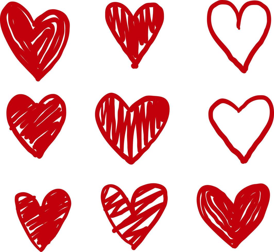 corazones de garabatos dibujados a mano, colección de corazones de amor dibujados a mano. vector de color rojo