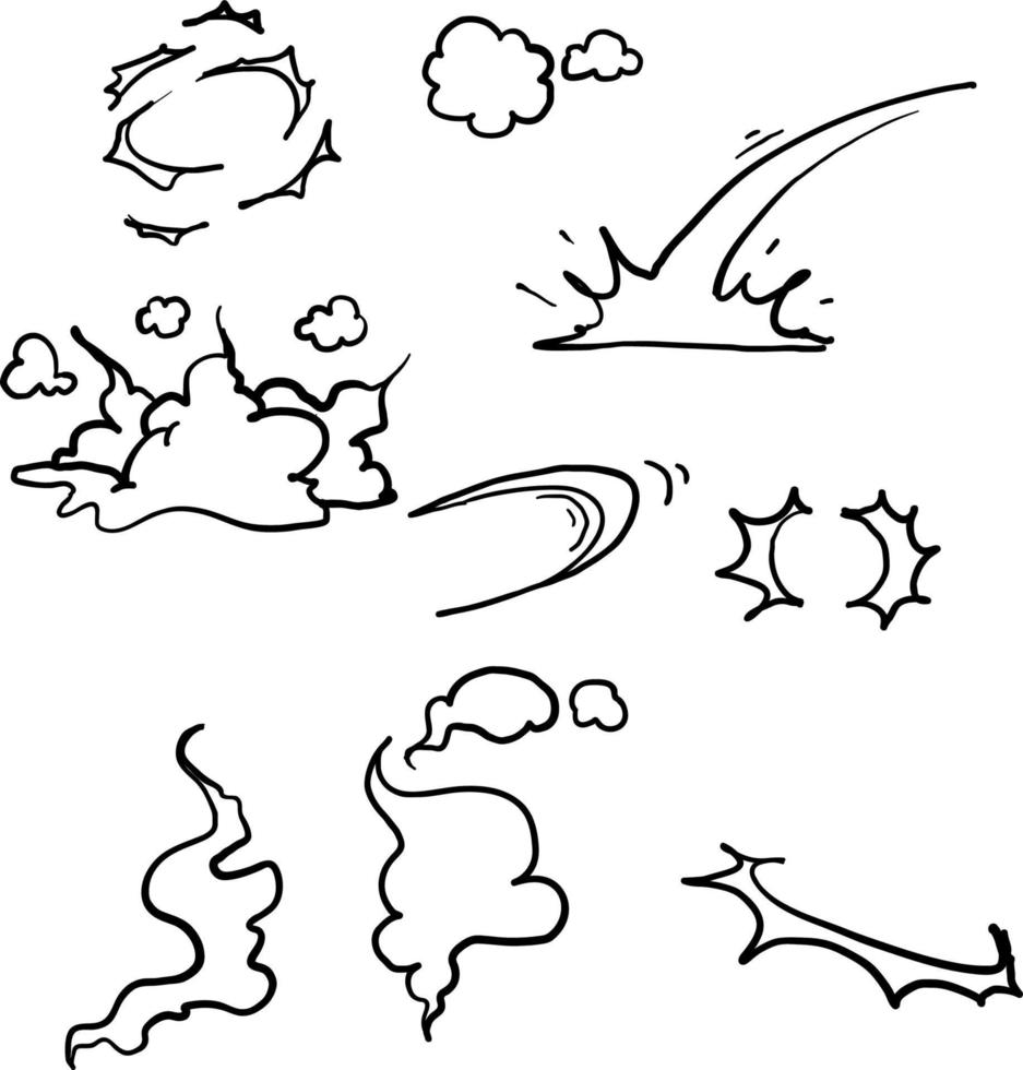 hand drawn Comic smoke. Smoke puffs vfx, energy explosion effect and cartoon blast vector illustration set doodle