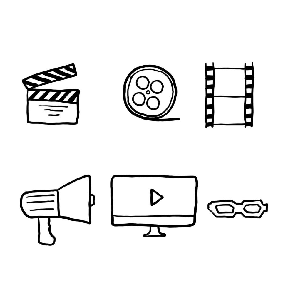 iconos de línea de cine dibujados a mano establecer ilustración vectorial. contiene íconos como películas, películas, televisión, videos y más. vector garabato