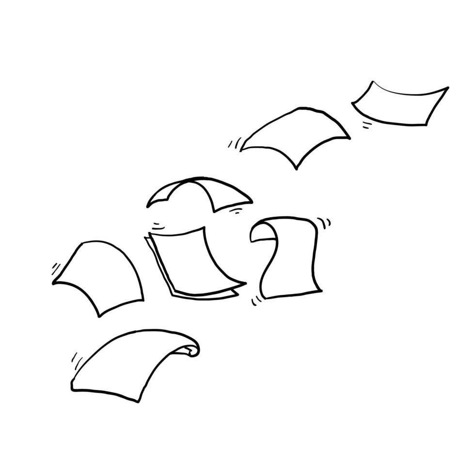 hand drawn Falling paper sheets. Flying papers pages, white sheet documents and blank document page on wind. Fly scattered notes, empty chaotic paperwork.doodle vector