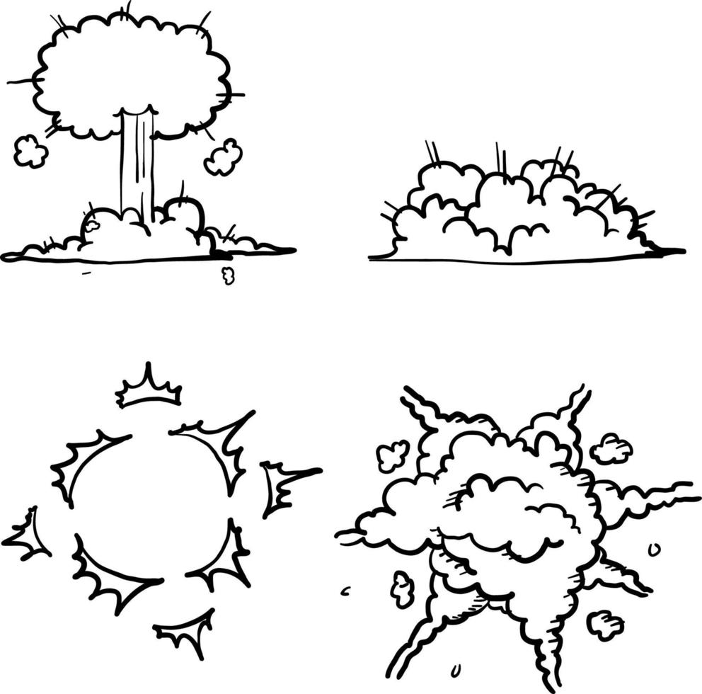 explosión de bomba de dibujos animados dibujados a mano. explosiones de dinamita, peligro de detonación de bombas explosivas y cómics de nubes de bombas atómicas. bomba dinamita detonadores estilo doodle vector