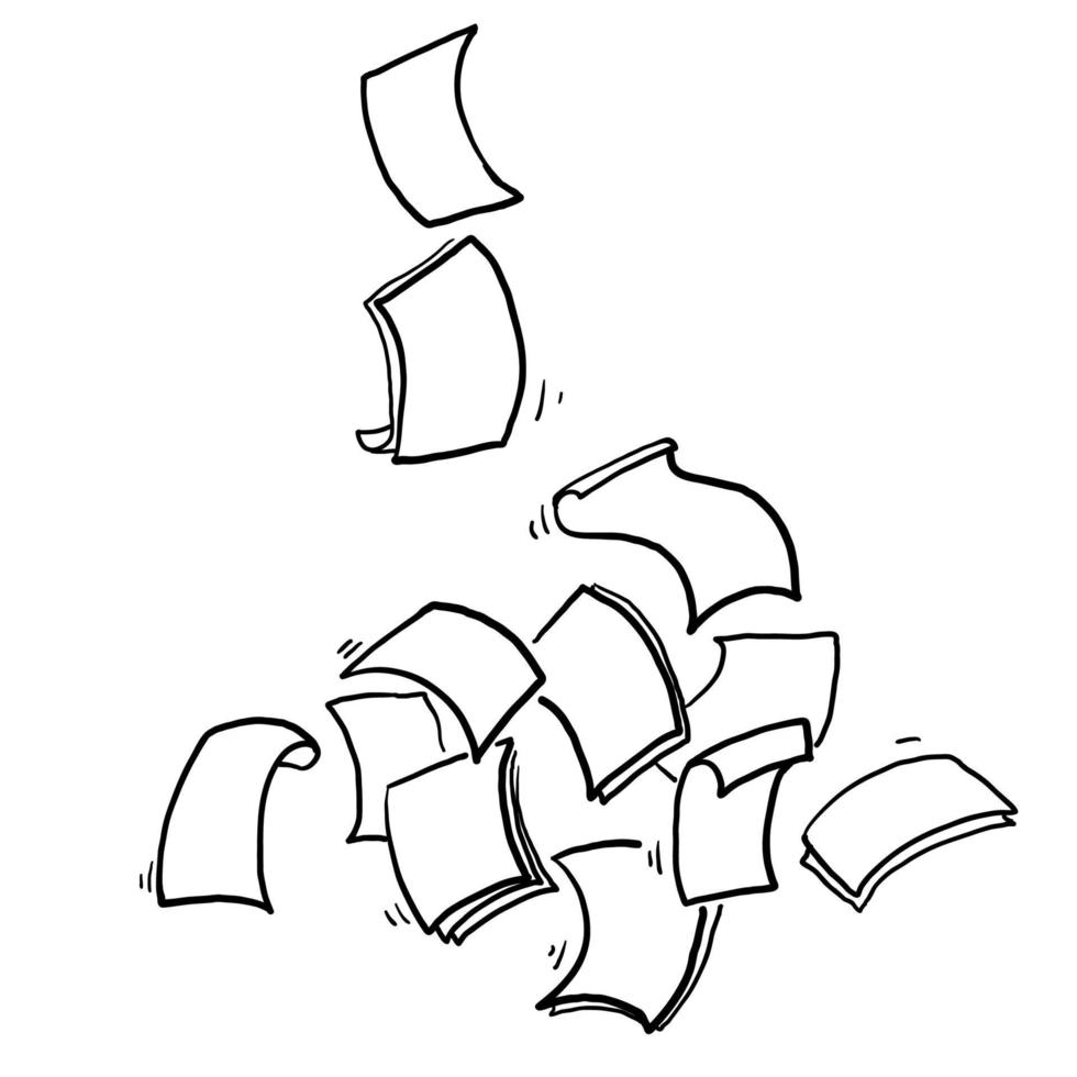 hand drawn Falling paper sheets. Flying papers pages, white sheet documents and blank document page on wind. Fly scattered notes, empty chaotic paperwork.doodle vector