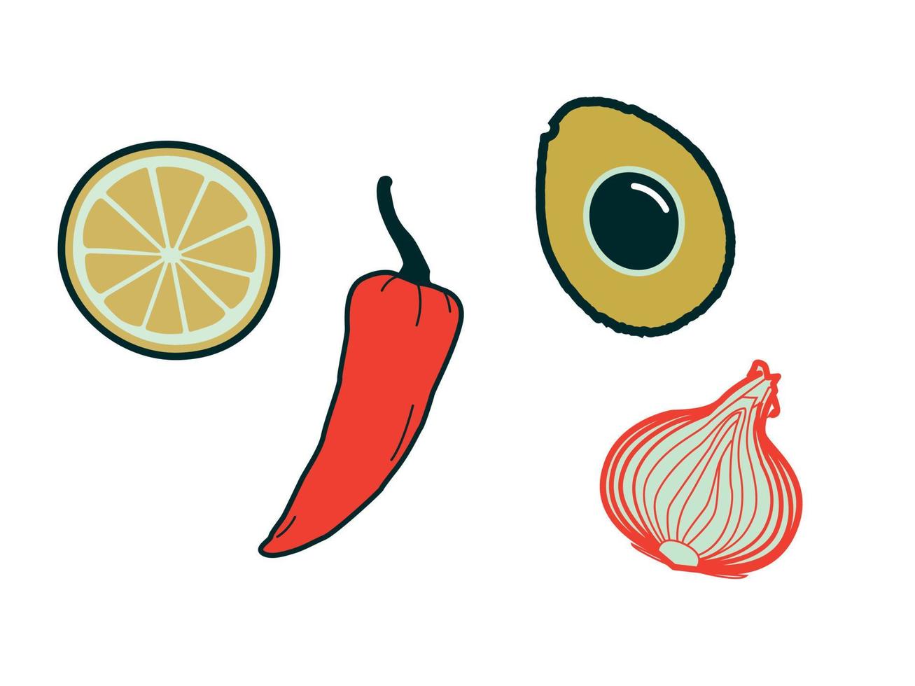 Ilustraciones de cebolla, aguacate y lima vector