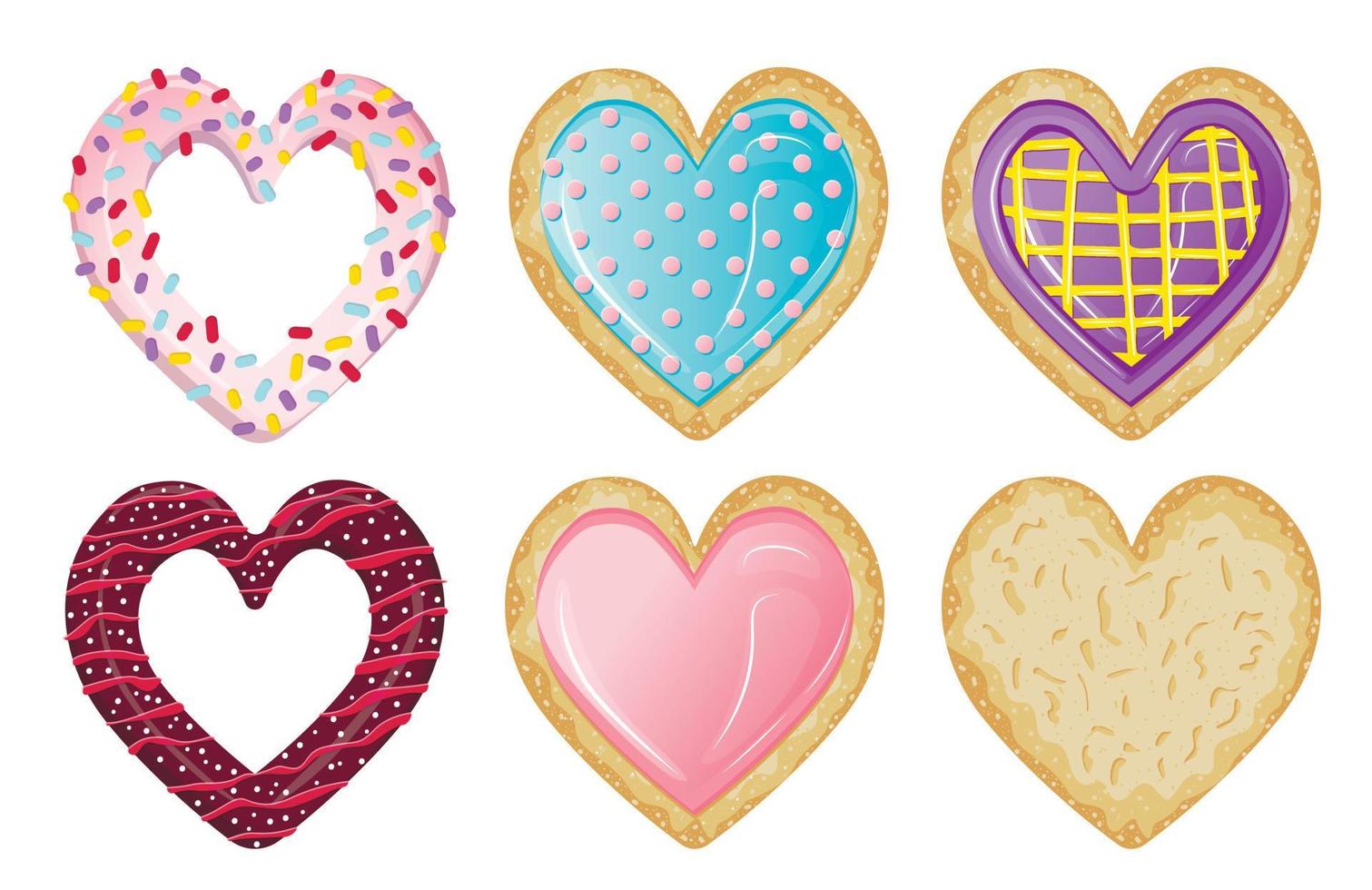 Collection of cute appetizing desserts in the form of hearts for valentine's day. vector