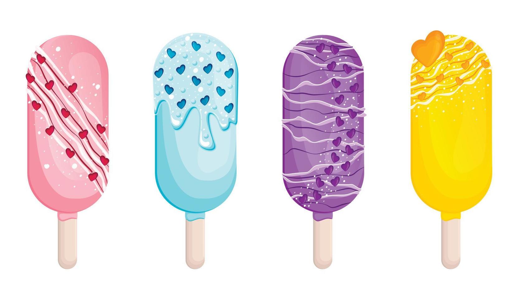 colección de lindos cakesicles apetitosos en un palo para el día de san valentín con glaseado, chispas y corazones.cakesicles vector