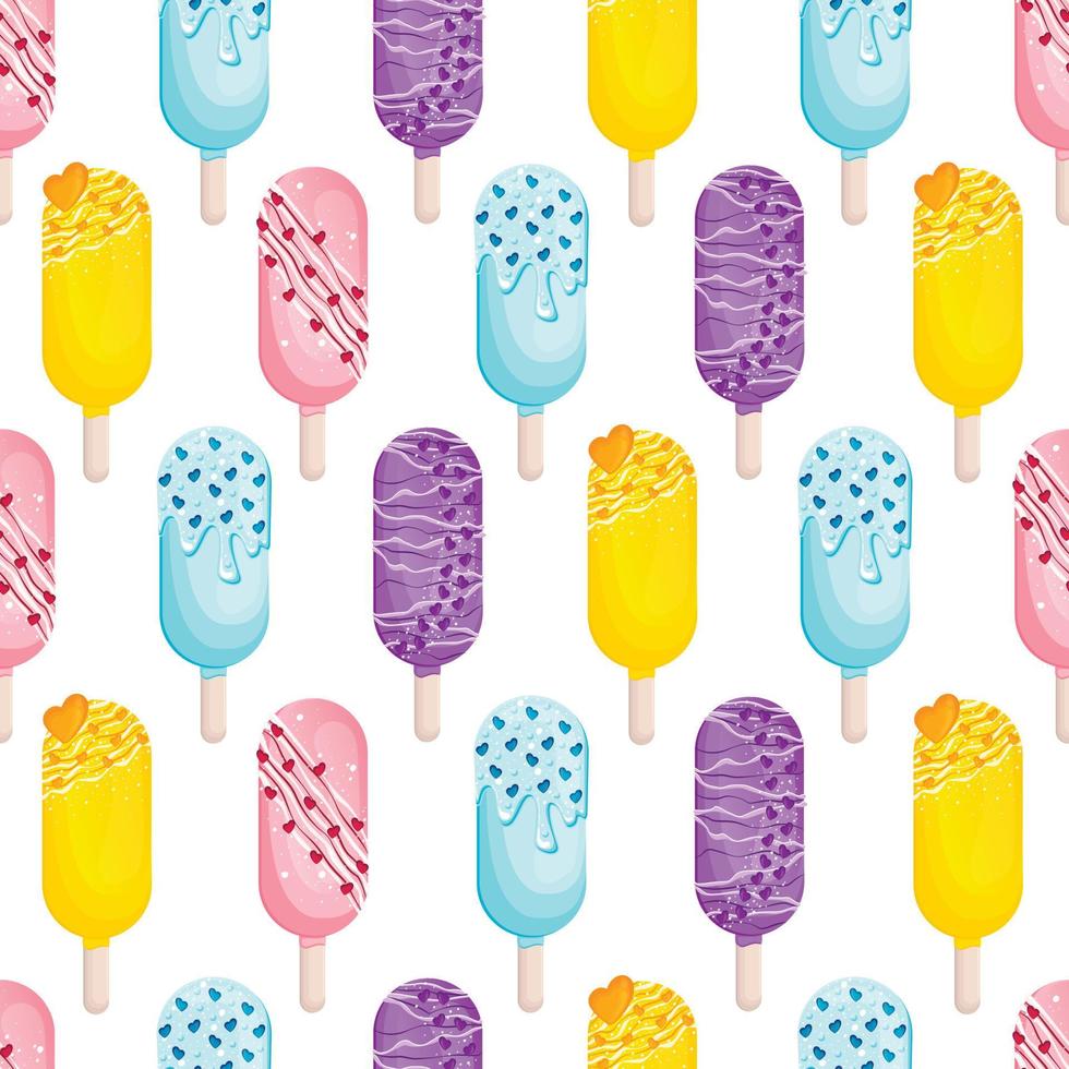 patrón sin costuras de lindos y apetitosos cakesicles en un palo para el día de san valentín con glaseado, chispas y corazones vector