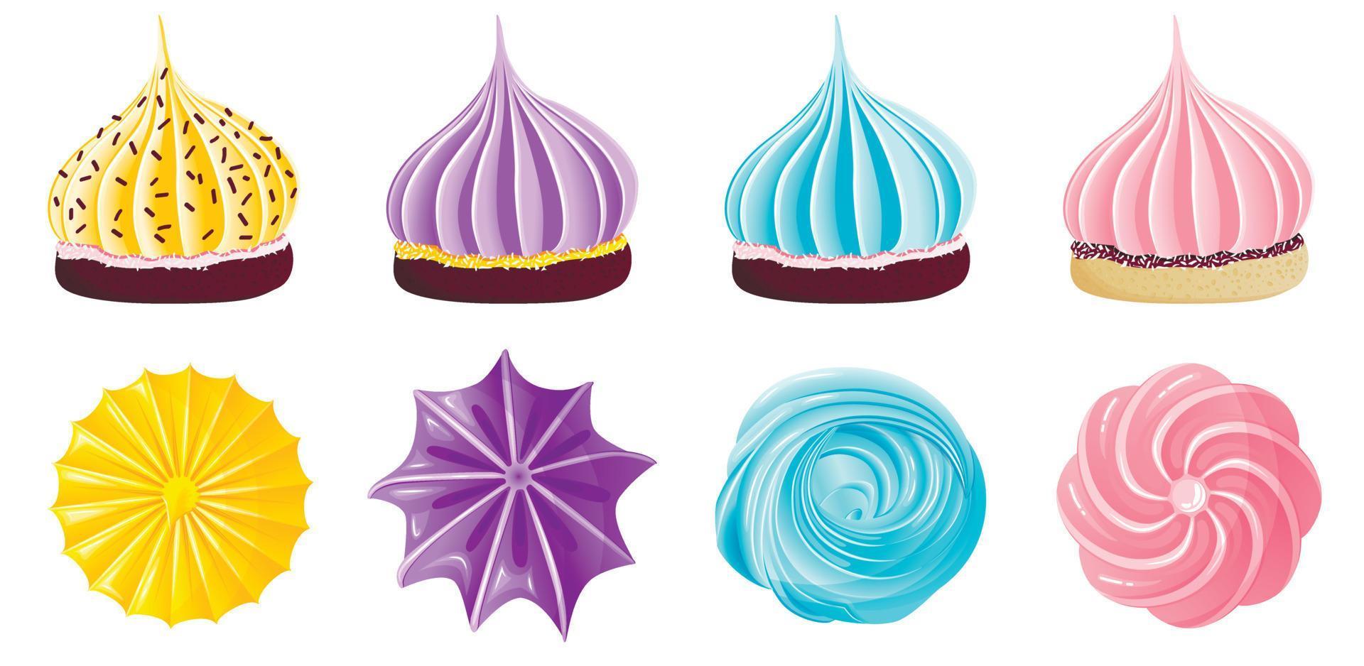Collection of appetizing colorful meringues on biscuit in flat style top and side view vector