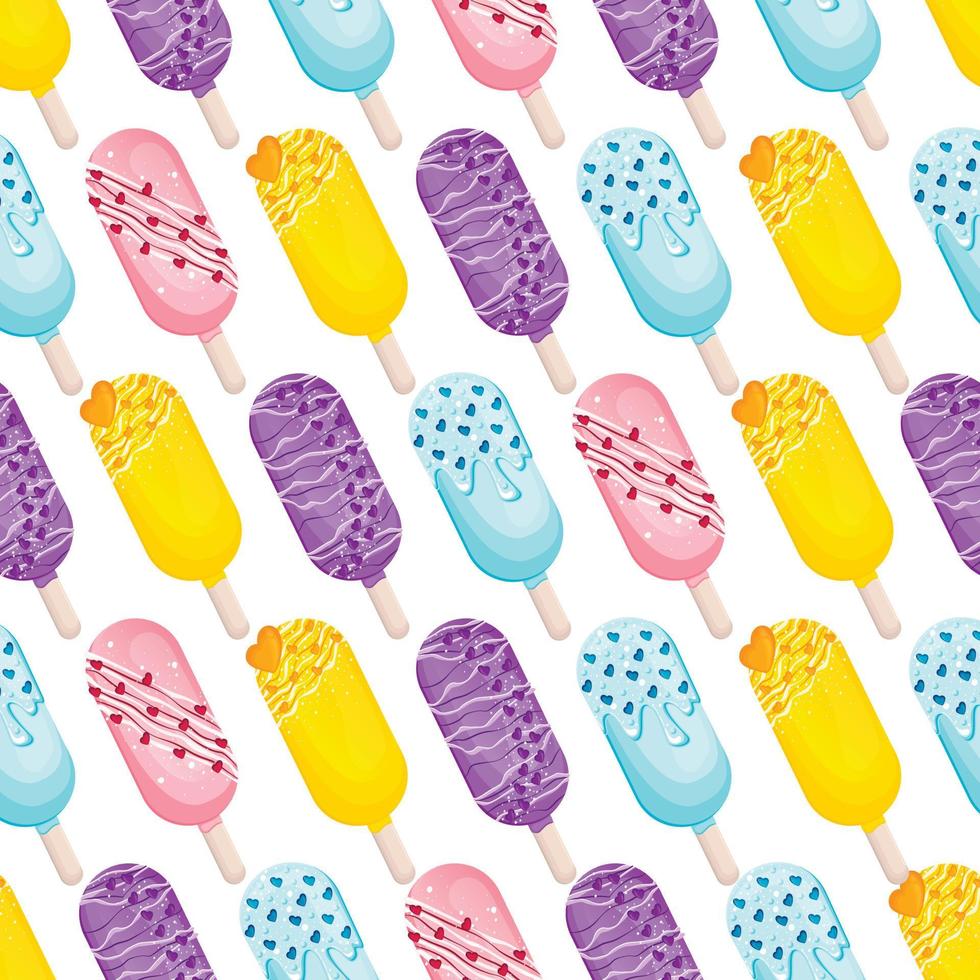 seamless pattern of cute appetizing cakesicles  on a stick for valentine's day with icing, sprinkles and hearts vector