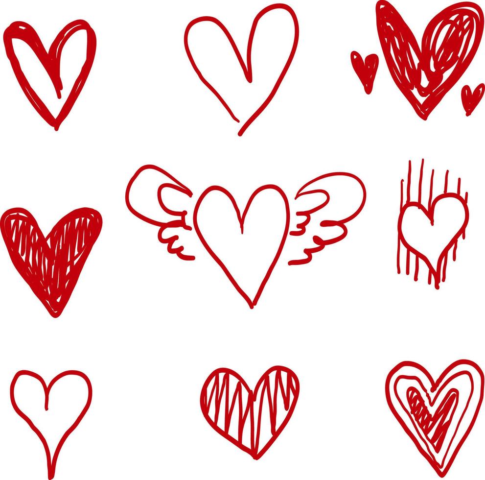 corazones de garabatos dibujados a mano, colección de corazones de amor dibujados a mano. vector de color rojo