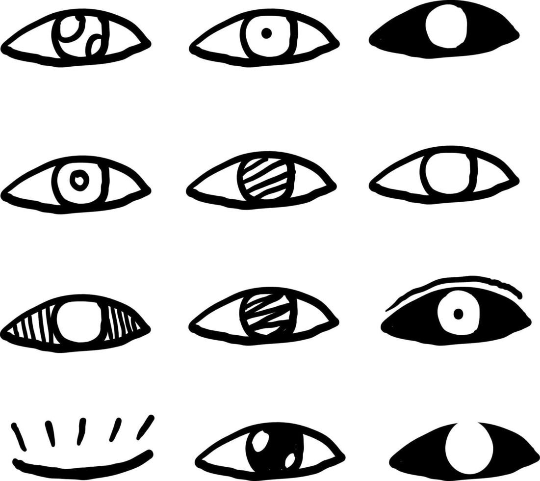 iconos de ojos de contorno dibujados a mano. imágenes de ojos abiertos y cerrados, formas de ojos durmientes con pestañas, supervisión de vectores y garabatos de signos de búsqueda